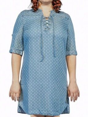 Philosophy Blue Chambray Short Dress Lace Front Roll Tab Short Sleeves Size XL